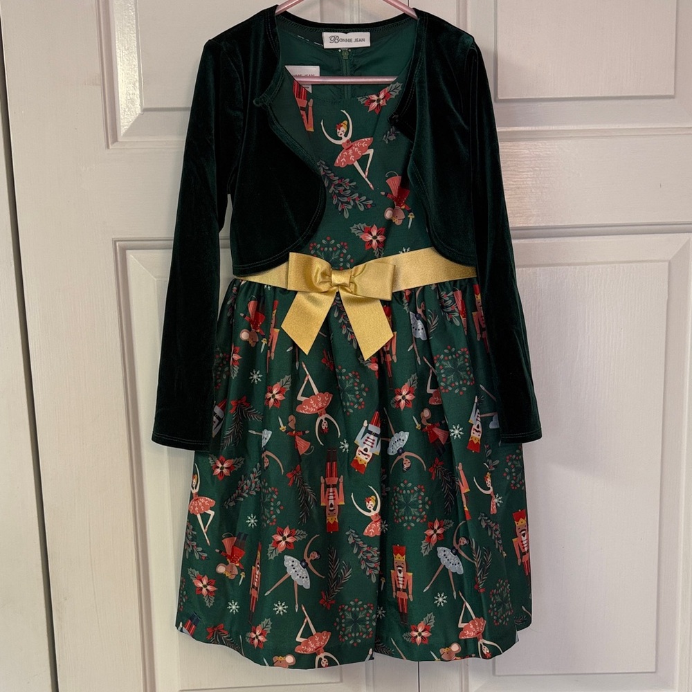 Bonnie Jean Green Nutcracker Ballet Dress with Gold Bow & Green Velvet Shrug 🎄